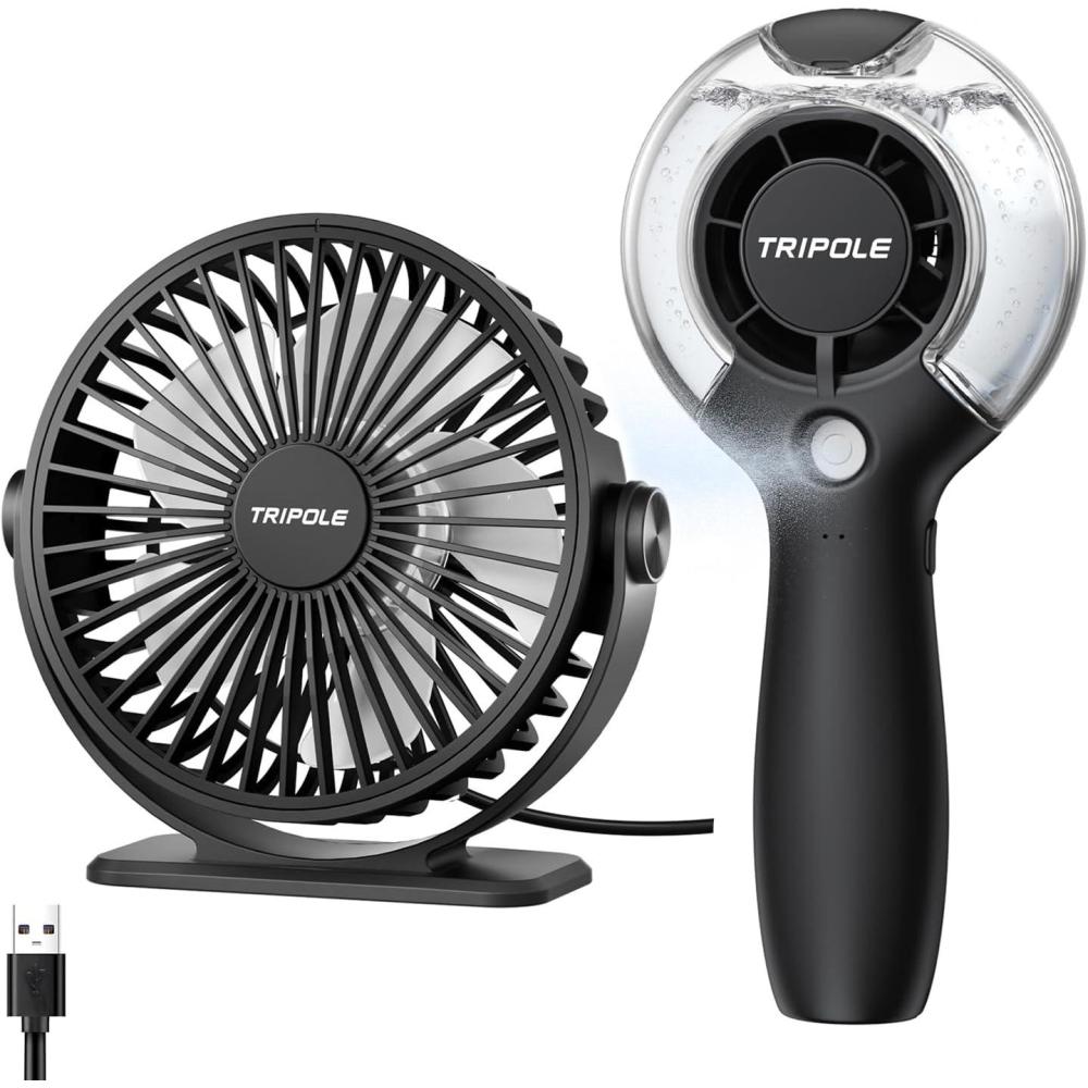 imageTriPole Handheld Misting Fan USB Desk Fan Bundle Portable Small Fan with Water Spray for Travel Outdoor 3 Speeds Mini Desktop Fan for Office