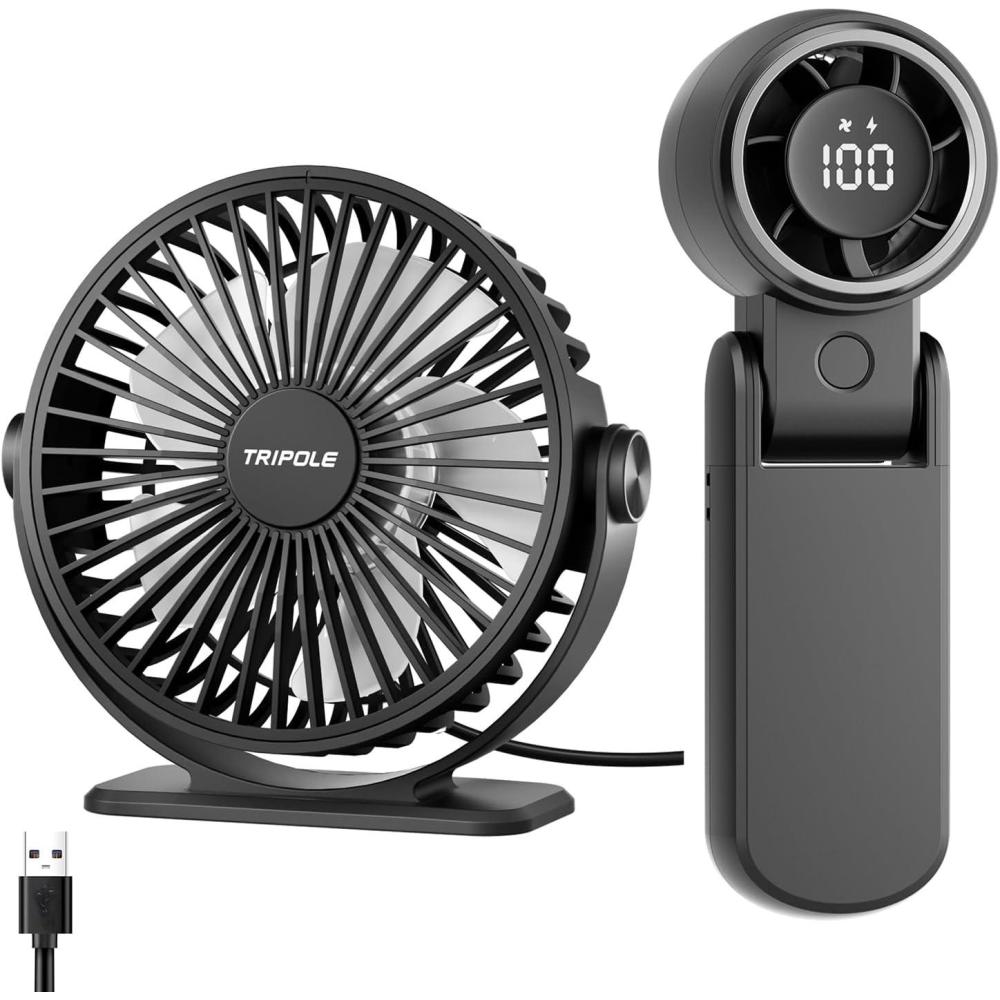 imageTriPole Portable Handhel Fan with LED Display and USB Powered Small Desk Fan Bundle Speed Adjustable Personal Cooling Fans for Table Office Outdoor Travel