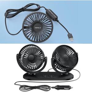 TriPole Car Fan Bundle: USB Powered & 12V/24V Backseat Dashboard Vehicle Cooling Fan for Car, Truck, SUV, RV & Van – 3 Speeds, Rotatable Fan Heads, Black