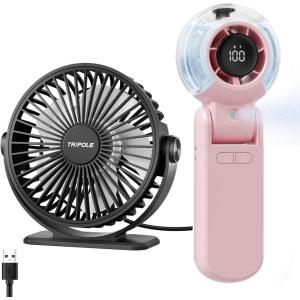 TriPole Portable Handhel Misting Fan and USB Powered Small Desk Fan Bundle, Speed Adjustable Personal Cooling Fans for Table Office, Water Spray Mist Fans for Makeup Outdoor Travel