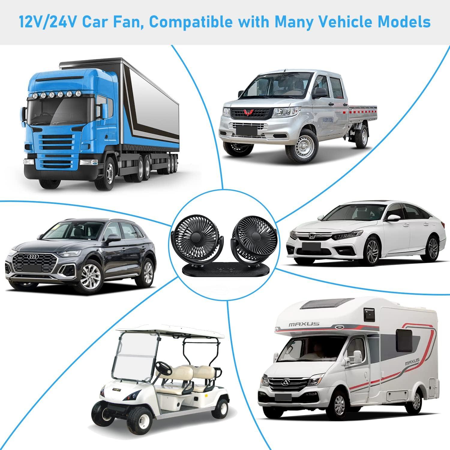 imageTriPole Car Fan 12V 24V Portable Auto Cooling Fan Dual Head Rotatable Vehicle Fans 3 Speeds Strong Wind Electric Air Circulation Fans for Car Dashboard Truck SUV Sedan RV Van Boat Golf Cart