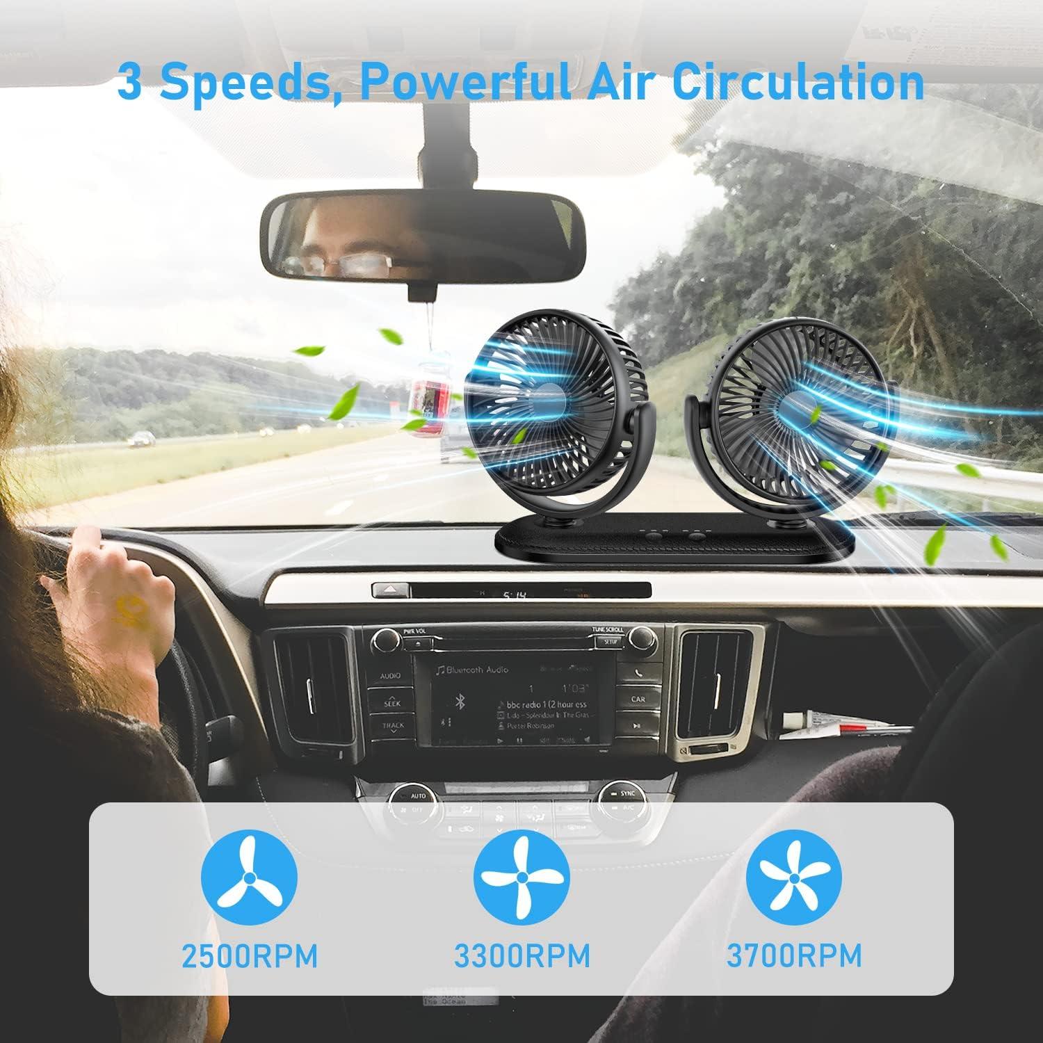 imageTriPole Car Fan 12V 24V Portable Auto Cooling Fan Dual Head Rotatable Vehicle Fans 3 Speeds Strong Wind Electric Air Circulation Fans for Car Dashboard Truck SUV Sedan RV Van Boat Golf Cart