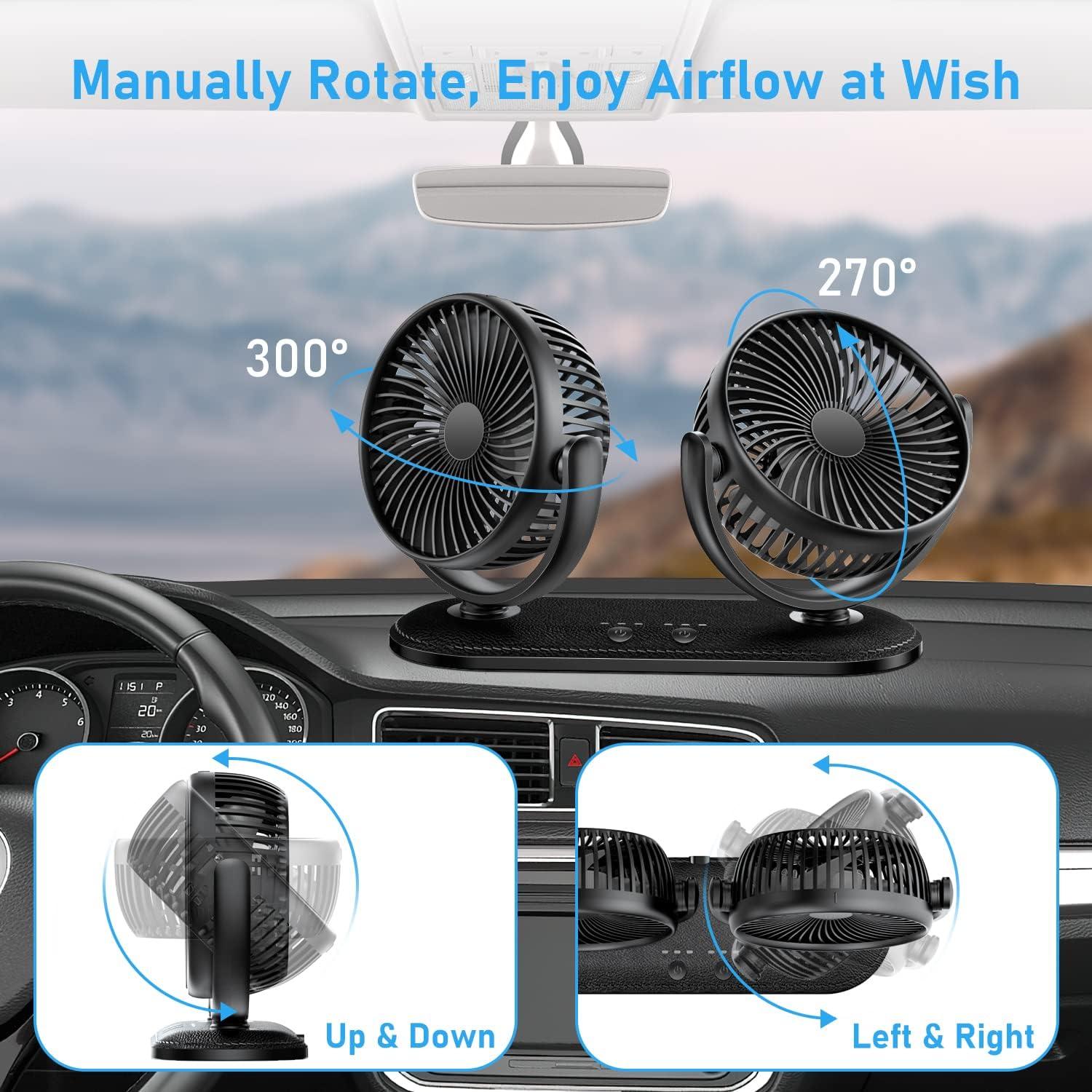 imageTriPole Car Fan 12V 24V Portable Auto Cooling Fan Dual Head Rotatable Vehicle Fans 3 Speeds Strong Wind Electric Air Circulation Fans for Car Dashboard Truck SUV Sedan RV Van Boat Golf Cart