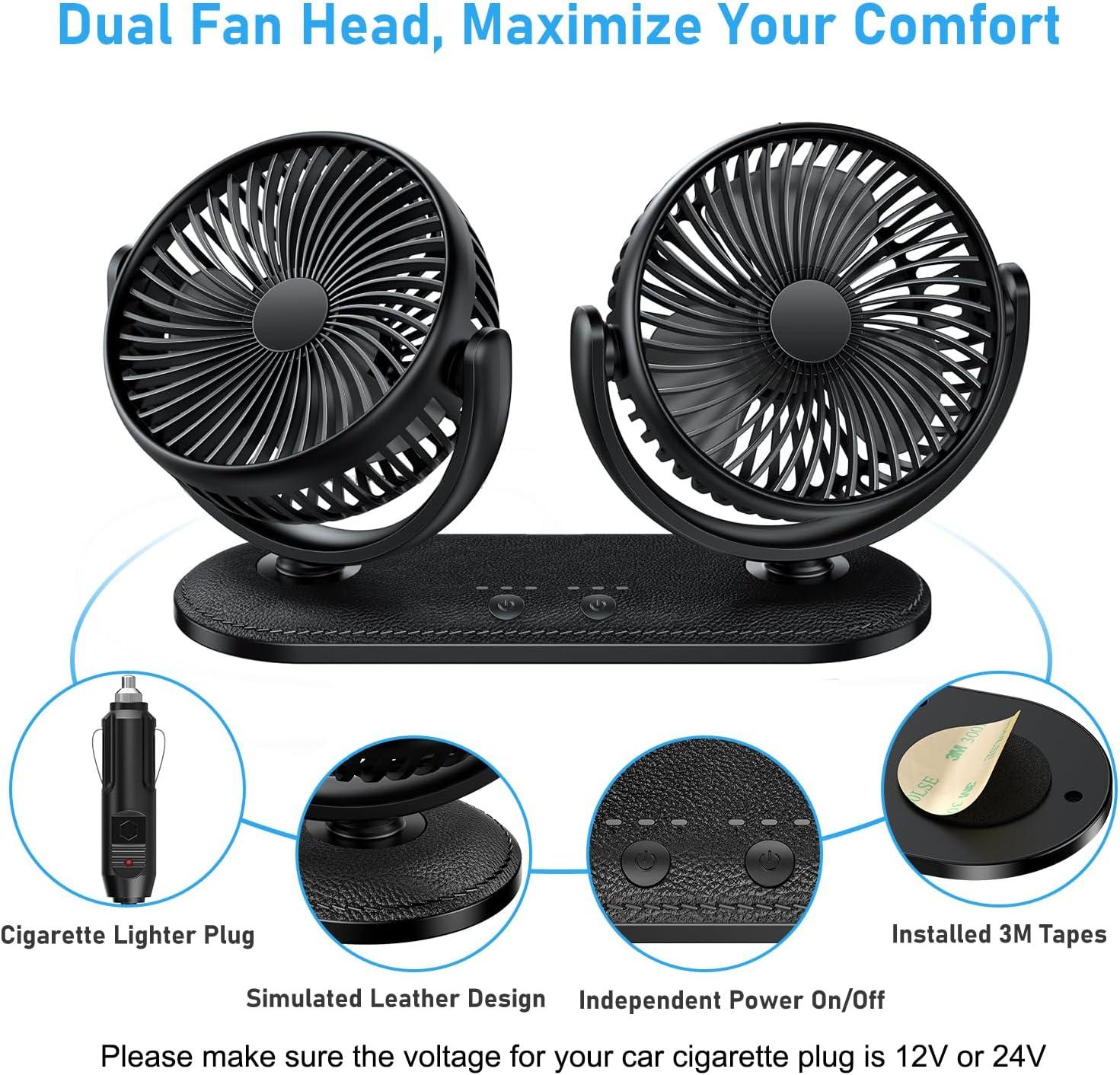 imageTriPole Car Fan 12V 24V Portable Auto Cooling Fan Dual Head Rotatable Vehicle Fans 3 Speeds Strong Wind Electric Air Circulation Fans for Car Dashboard Truck SUV Sedan RV Van Boat Golf Cart