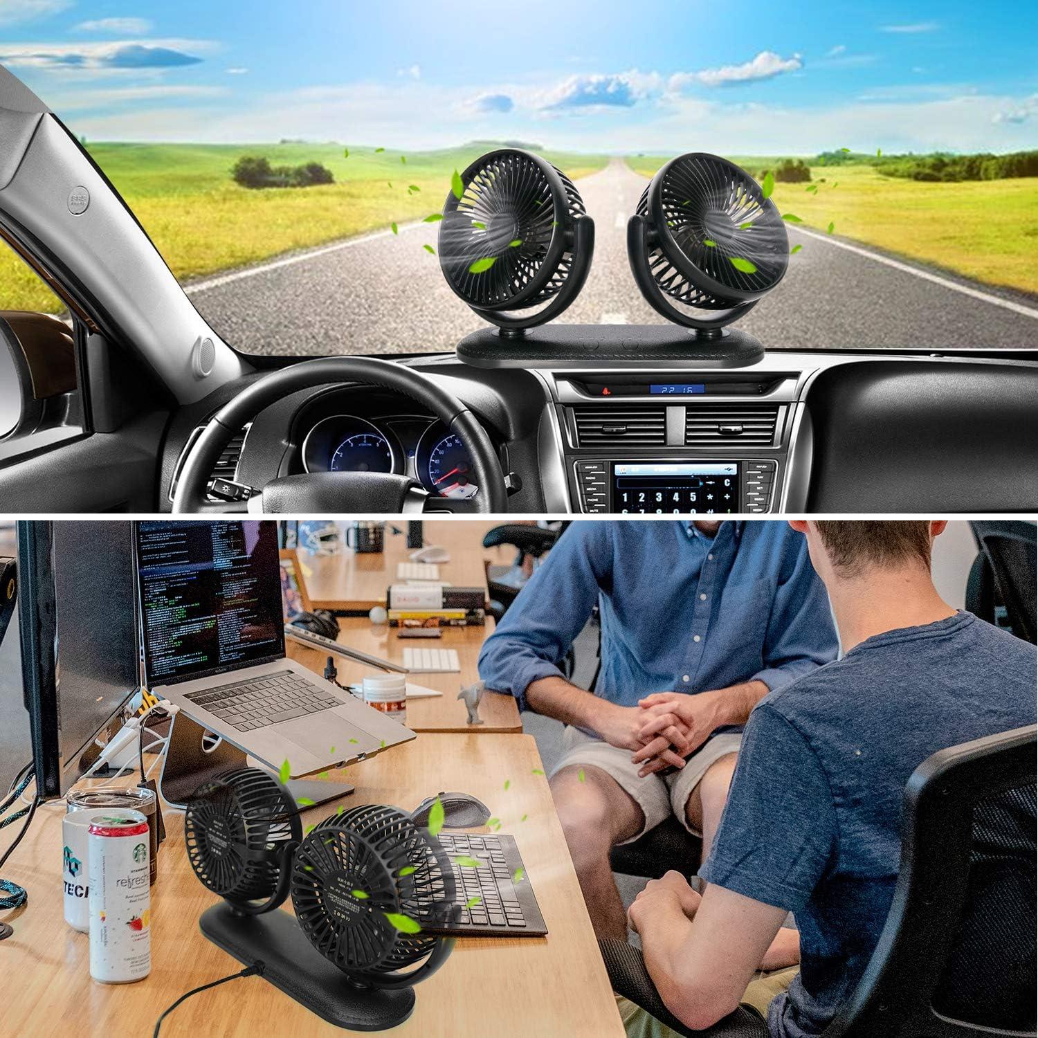 imageTriPole Car Fan Portable Dual Head Electric Vehicle Mounted USB 300 Degree Rotation Auto Cooling Fan 3 Speed Strong Wind Desk Fan for Dashboard SUV RV Truck Sedan Home Office
