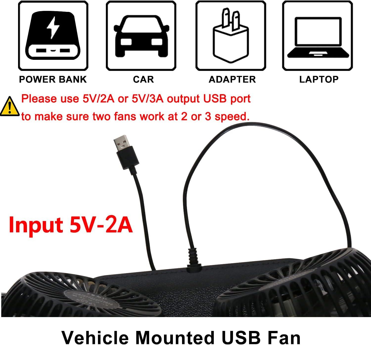 imageTriPole Car Fan Portable Dual Head Electric Vehicle Mounted USB 300 Degree Rotation Auto Cooling Fan 3 Speed Strong Wind Desk Fan for Dashboard SUV RV Truck Sedan Home Office
