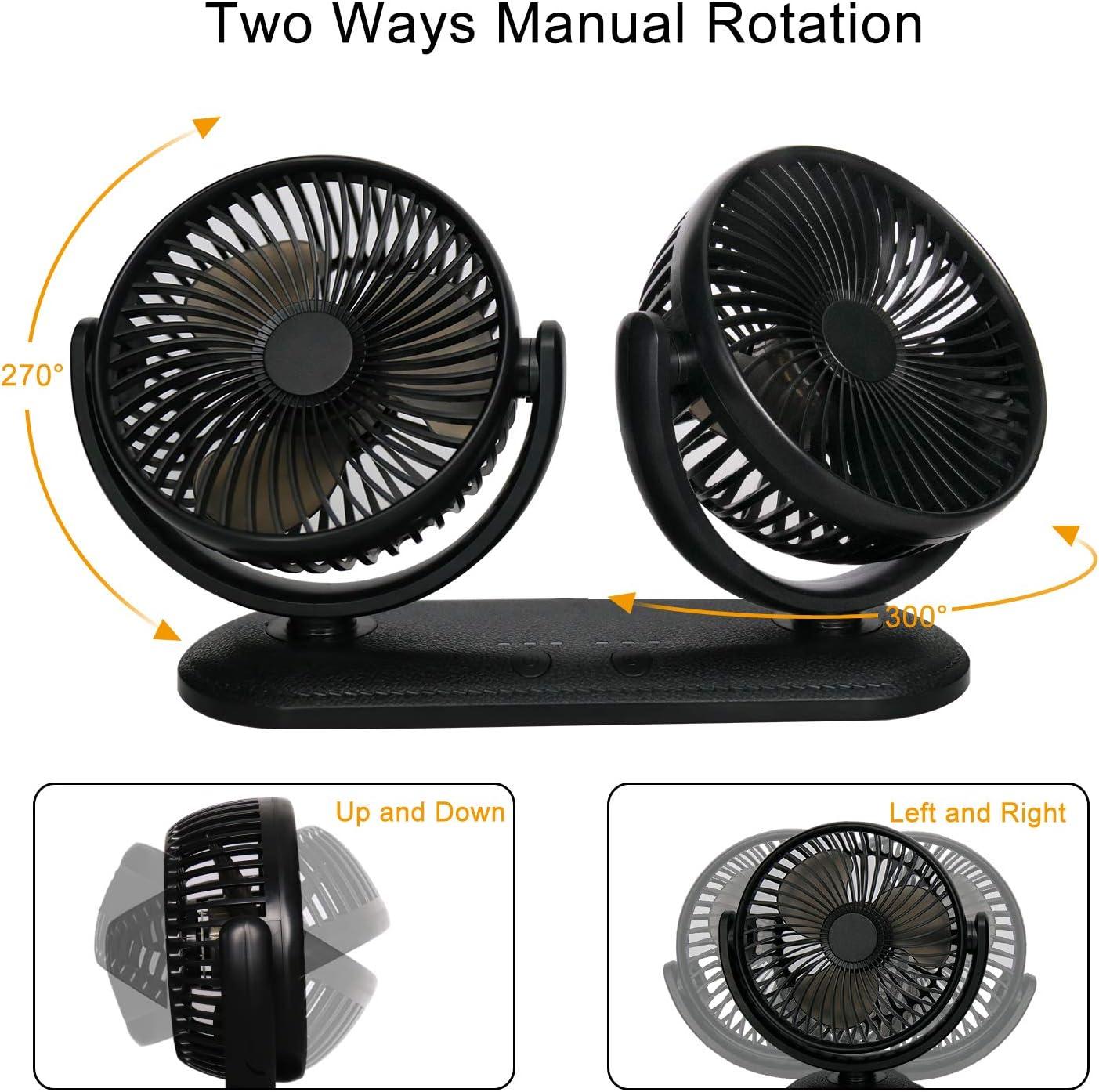 imageTriPole Car Fan Portable Dual Head Electric Vehicle Mounted USB 300 Degree Rotation Auto Cooling Fan 3 Speed Strong Wind Desk Fan for Dashboard SUV RV Truck Sedan Home Office