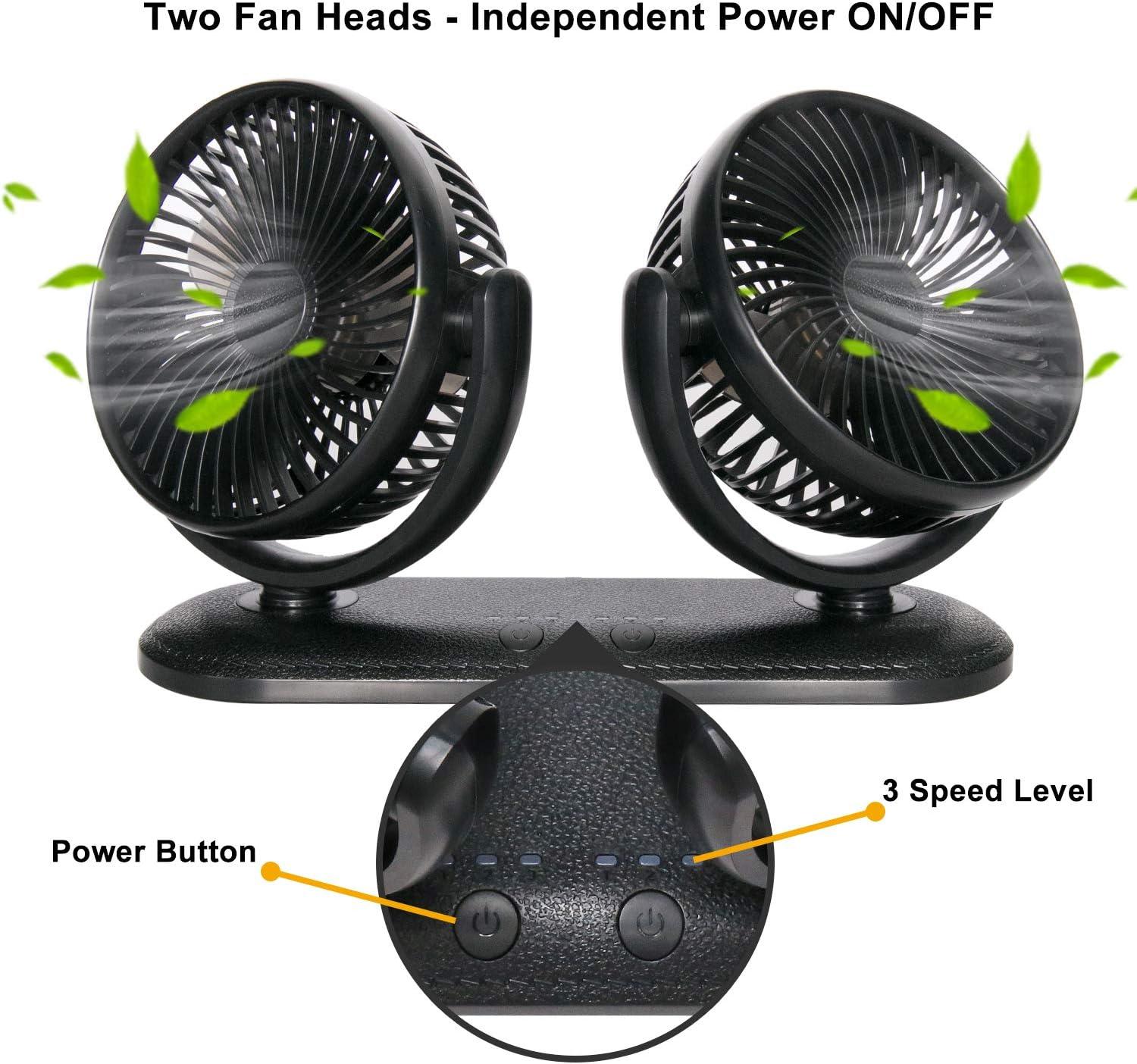 imageTriPole Car Fan Portable Dual Head Electric Vehicle Mounted USB 300 Degree Rotation Auto Cooling Fan 3 Speed Strong Wind Desk Fan for Dashboard SUV RV Truck Sedan Home Office