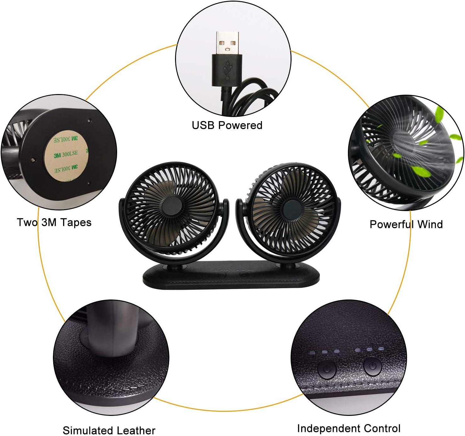 imageTriPole Car Fan Portable Dual Head Electric Vehicle Mounted USB 300 Degree Rotation Auto Cooling Fan 3 Speed Strong Wind Desk Fan for Dashboard SUV RV Truck Sedan Home Office