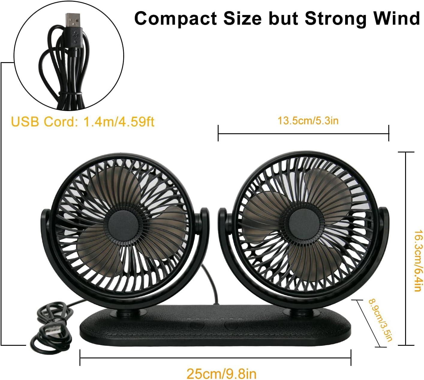 imageTriPole Car Fan Portable Dual Head Electric Vehicle Mounted USB 300 Degree Rotation Auto Cooling Fan 3 Speed Strong Wind Desk Fan for Dashboard SUV RV Truck Sedan Home Office