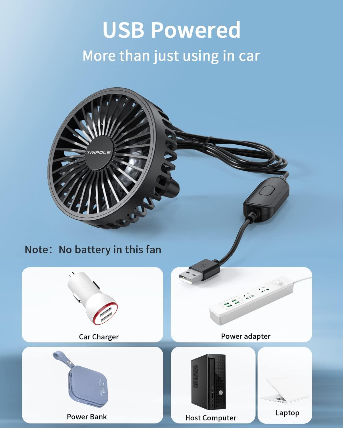 imageTriPole Car Fan USB Powered Powerful 3 Speed Portable Cooling Clip Fan for Car Vent Quiet Brushless Motor 360 Degree Rotatable Air Circulation for Vehicle Van Truck SUV RV