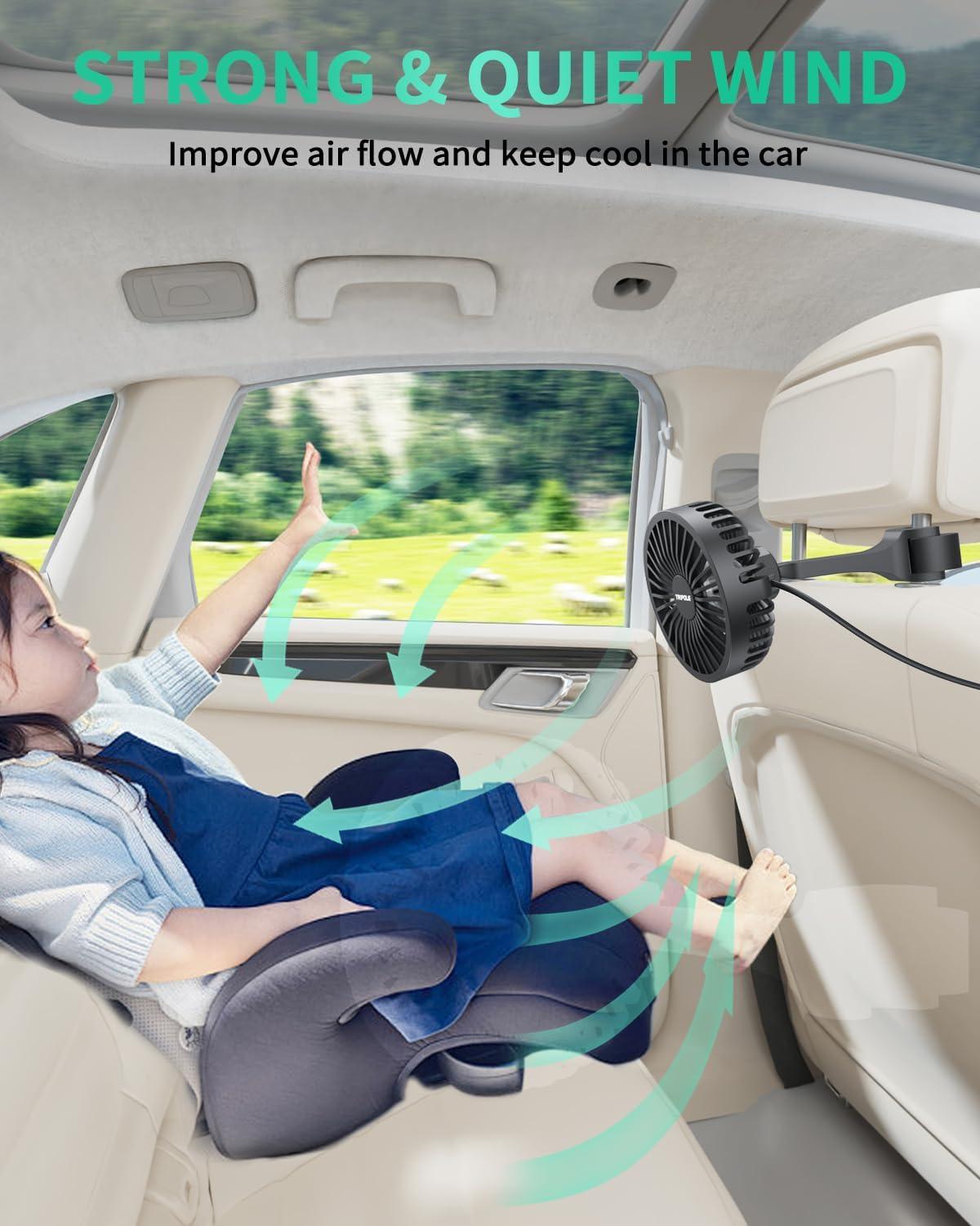 imageTriPole Car Fan for Rear Seat USB Powered Powerful 3 Speed 5V Fan with Adjustable Clip for Vehicles SUV RV