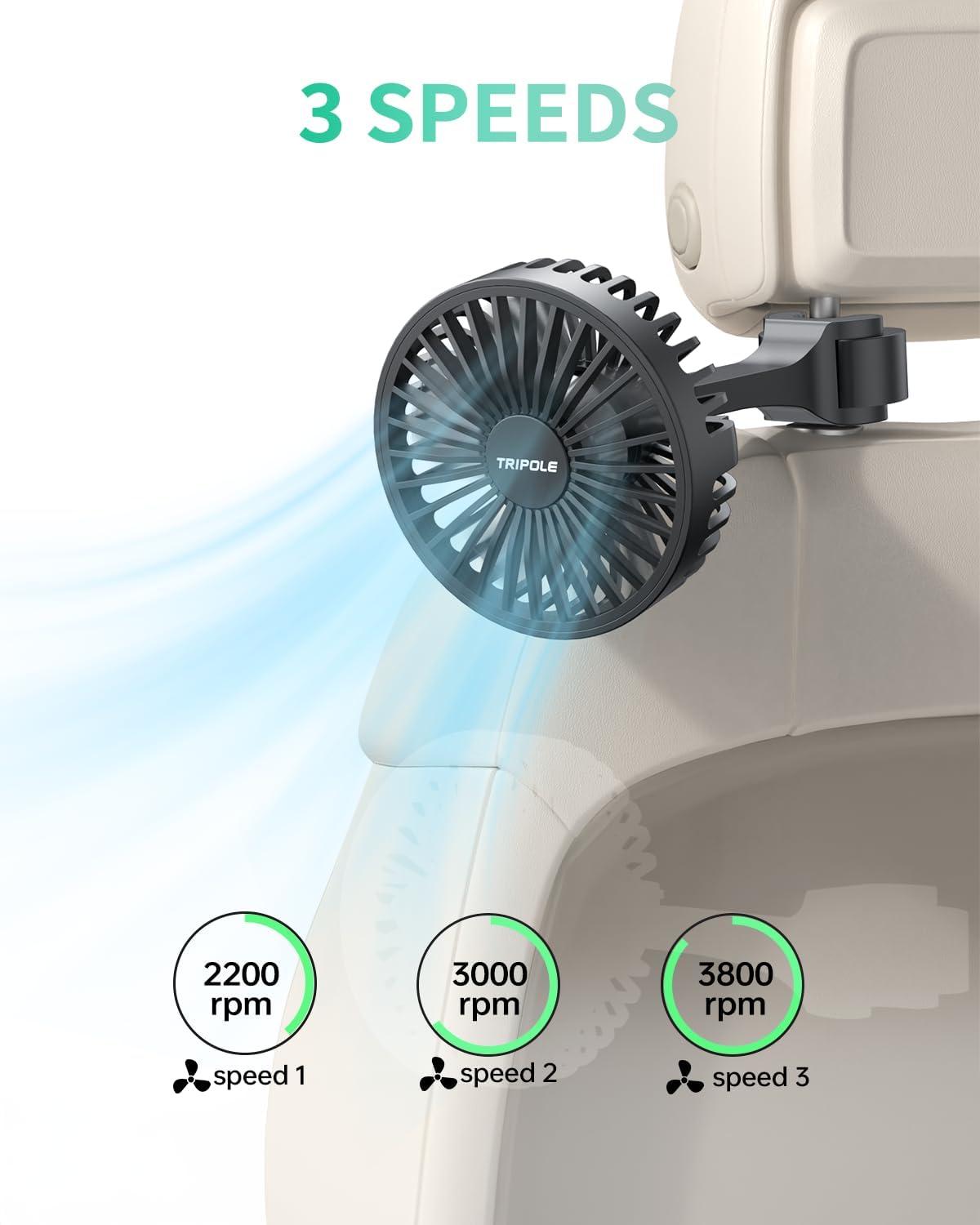 imageTriPole Car Fan for Rear Seat USB Powered Powerful 3 Speed 5V Fan with Adjustable Clip for Vehicles SUV RV