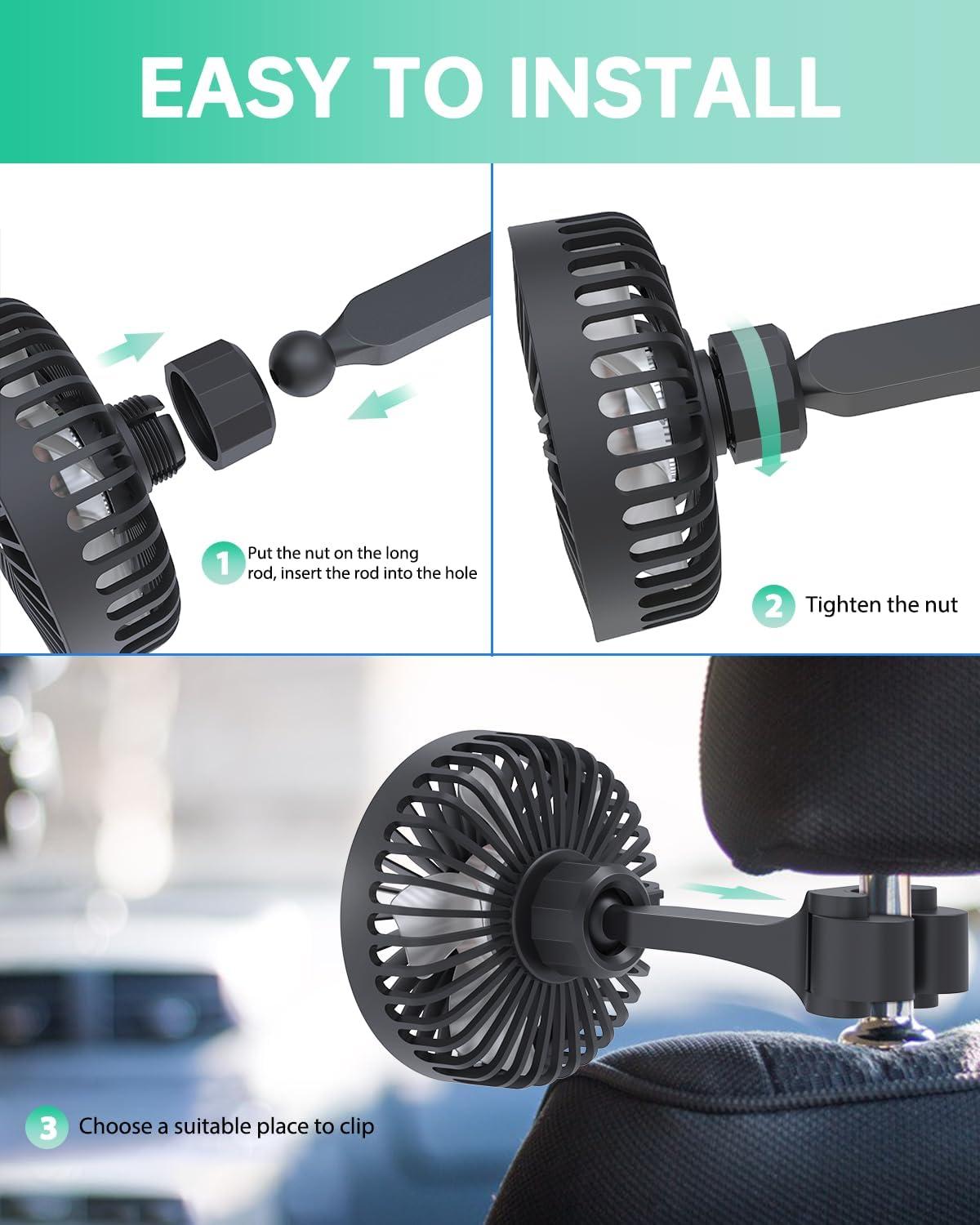 imageTriPole Car Fan for Rear Seat USB Powered Powerful 3 Speed 5V Fan with Adjustable Clip for Vehicles SUV RV