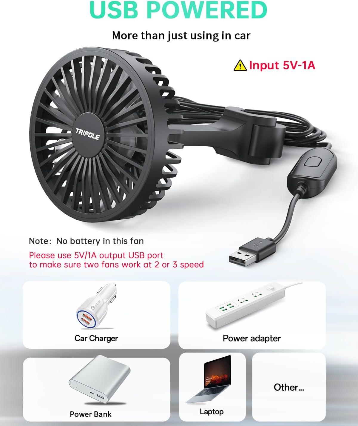 imageTriPole Car Fan for Rear Seat USB Powered Powerful 3 Speed 5V Fan with Adjustable Clip for Vehicles SUV RV