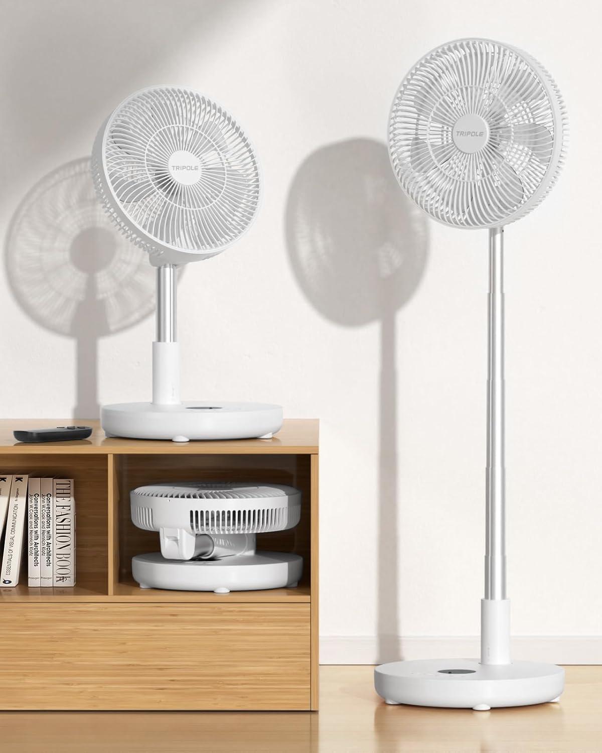 imageTriPole Oscillating Fan Portable Quiet Standing Fan with Remote 12quot Rechargeable Pedestal Fans for Bedroom Office Foldable Battery Powered Travel Fans Adjustable Height 8H Timer 6 Speeds 444WhPure White