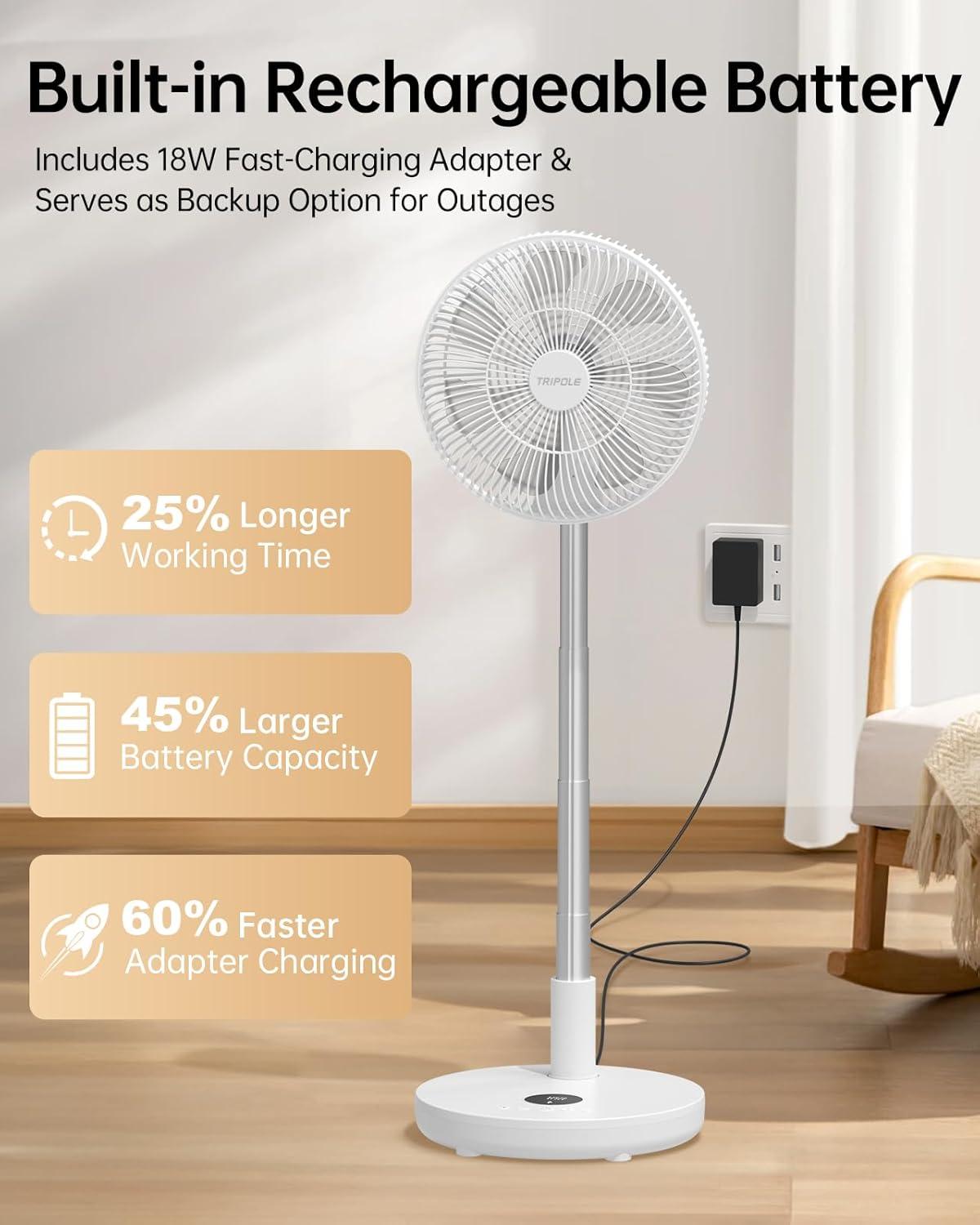 imageTriPole Oscillating Fan Portable Quiet Standing Fan with Remote 12quot Rechargeable Pedestal Fans for Bedroom Office Foldable Battery Powered Travel Fans Adjustable Height 8H Timer 6 Speeds 444WhPure White