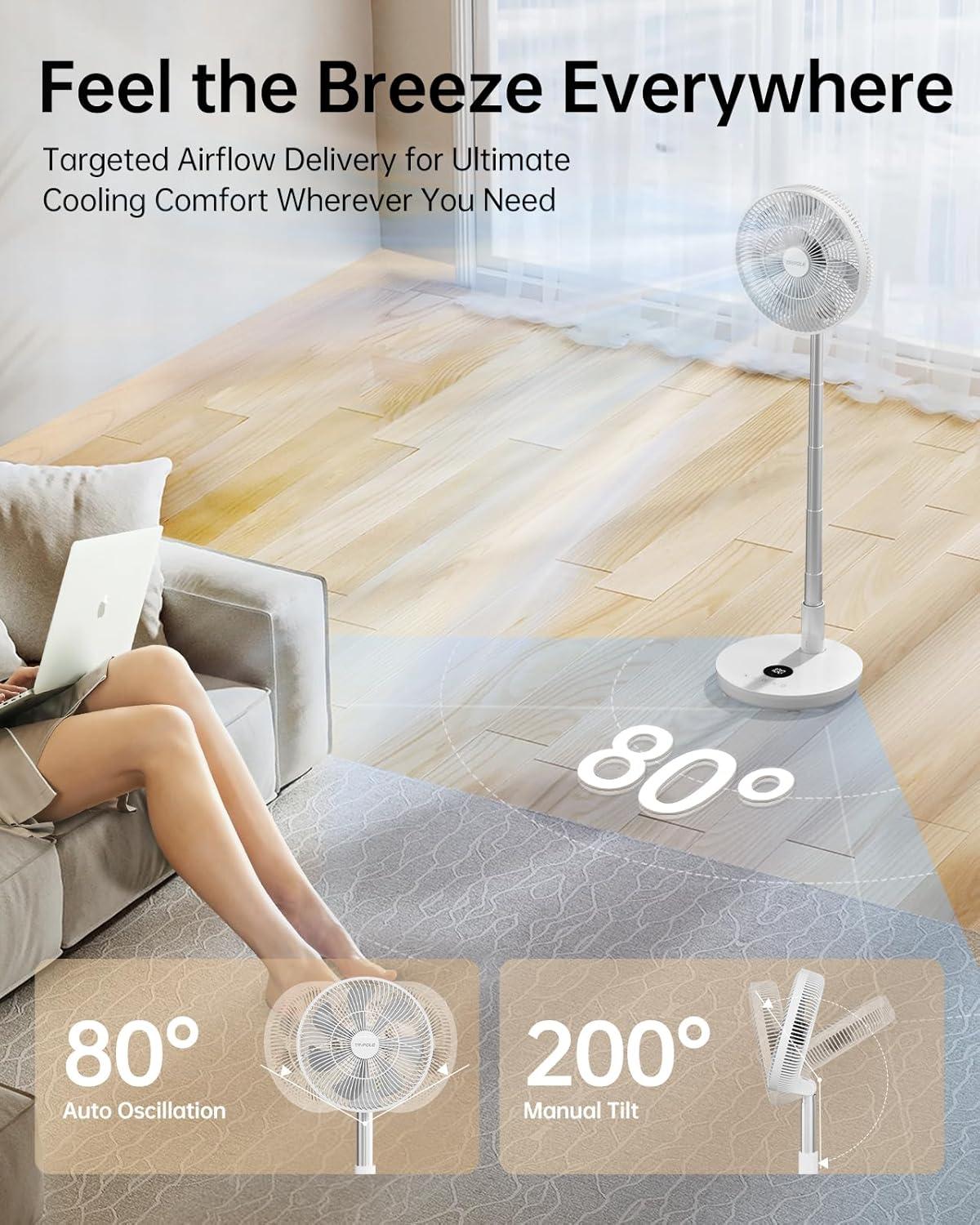 imageTriPole Oscillating Fan Portable Quiet Standing Fan with Remote 12quot Rechargeable Pedestal Fans for Bedroom Office Foldable Battery Powered Travel Fans Adjustable Height 8H Timer 6 Speeds 444WhPure White