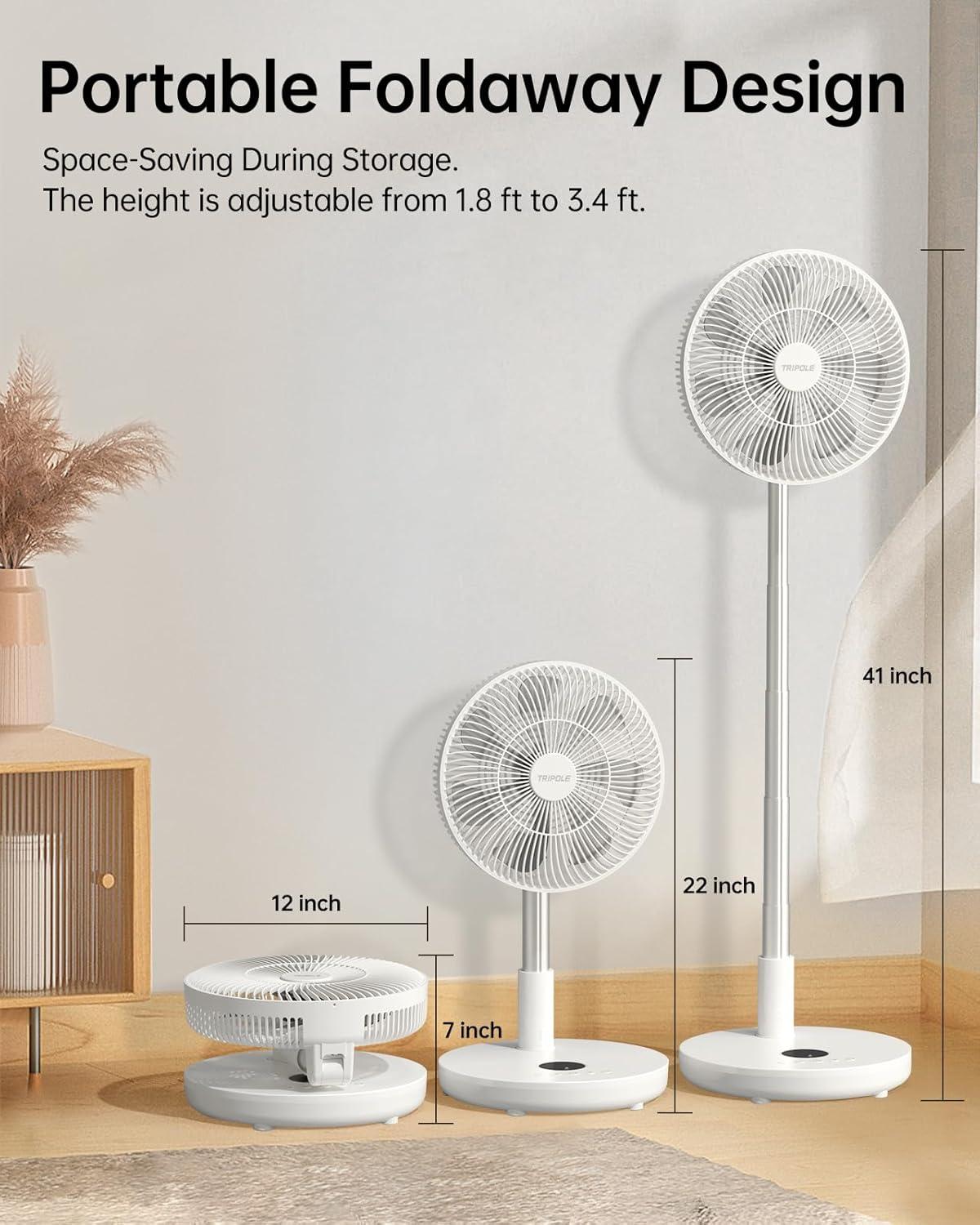 imageTriPole Oscillating Fan Portable Quiet Standing Fan with Remote 12quot Rechargeable Pedestal Fans for Bedroom Office Foldable Battery Powered Travel Fans Adjustable Height 8H Timer 6 Speeds 444WhPure White