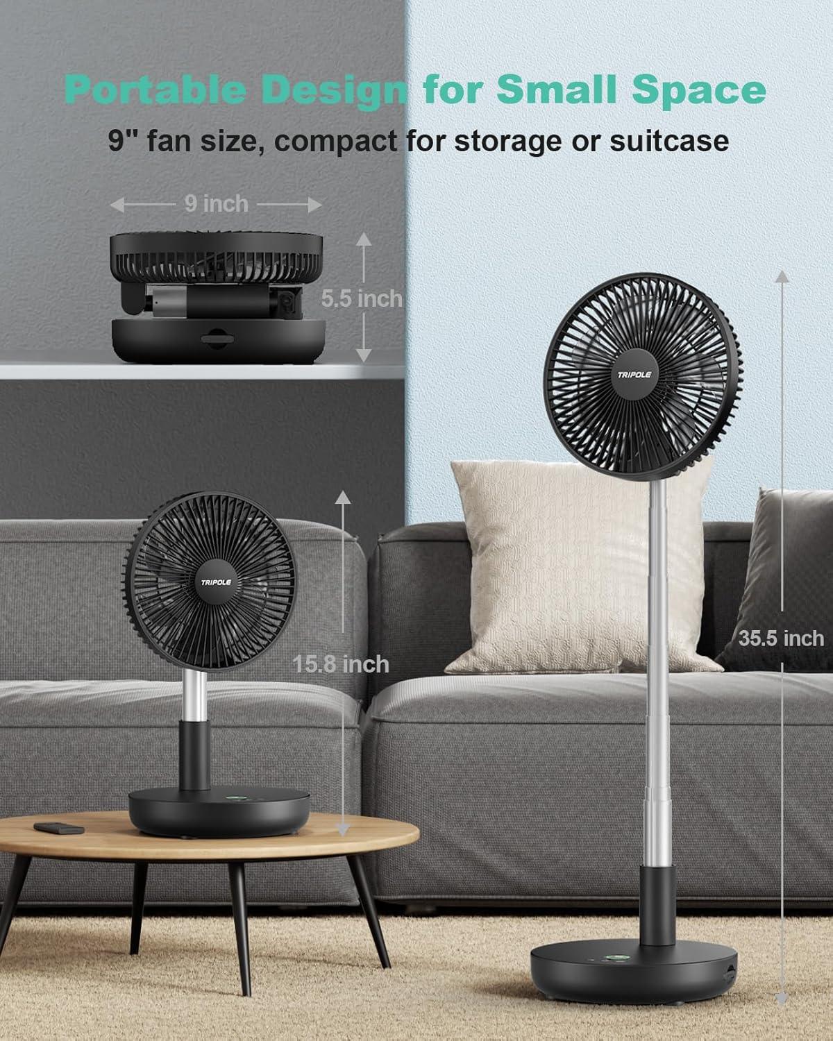 imageTriPole Portable Standing Fan Oscillating Fan with Remote 9 Inch Foldable Quiet Travel Fans with Power Bank Function 12000mAh Rechargeable Battery Operated Fans for Bedroom Outdoor Camping Black