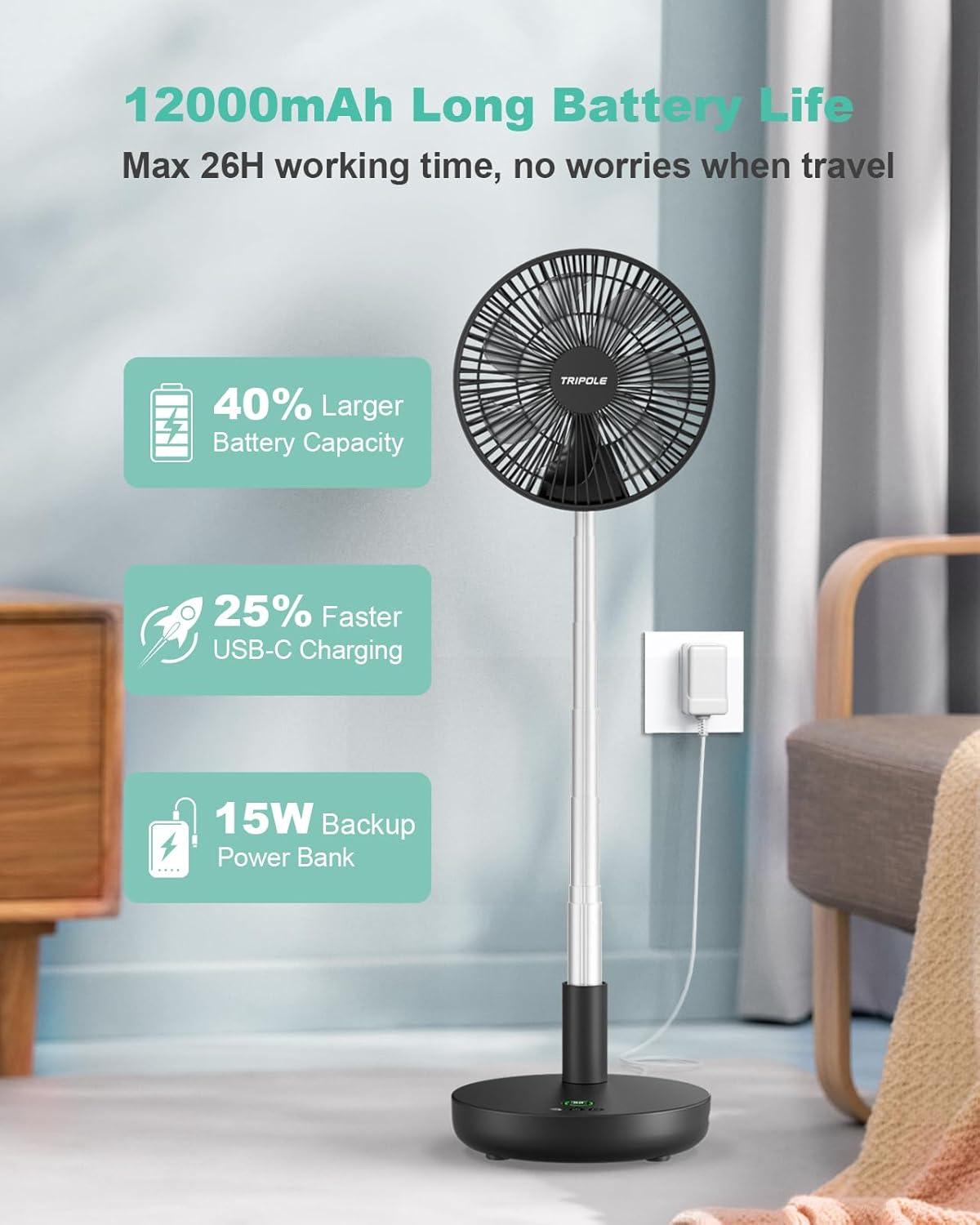 imageTriPole Portable Standing Fan Oscillating Fan with Remote 9 Inch Foldable Quiet Travel Fans with Power Bank Function 12000mAh Rechargeable Battery Operated Fans for Bedroom Outdoor Camping Black