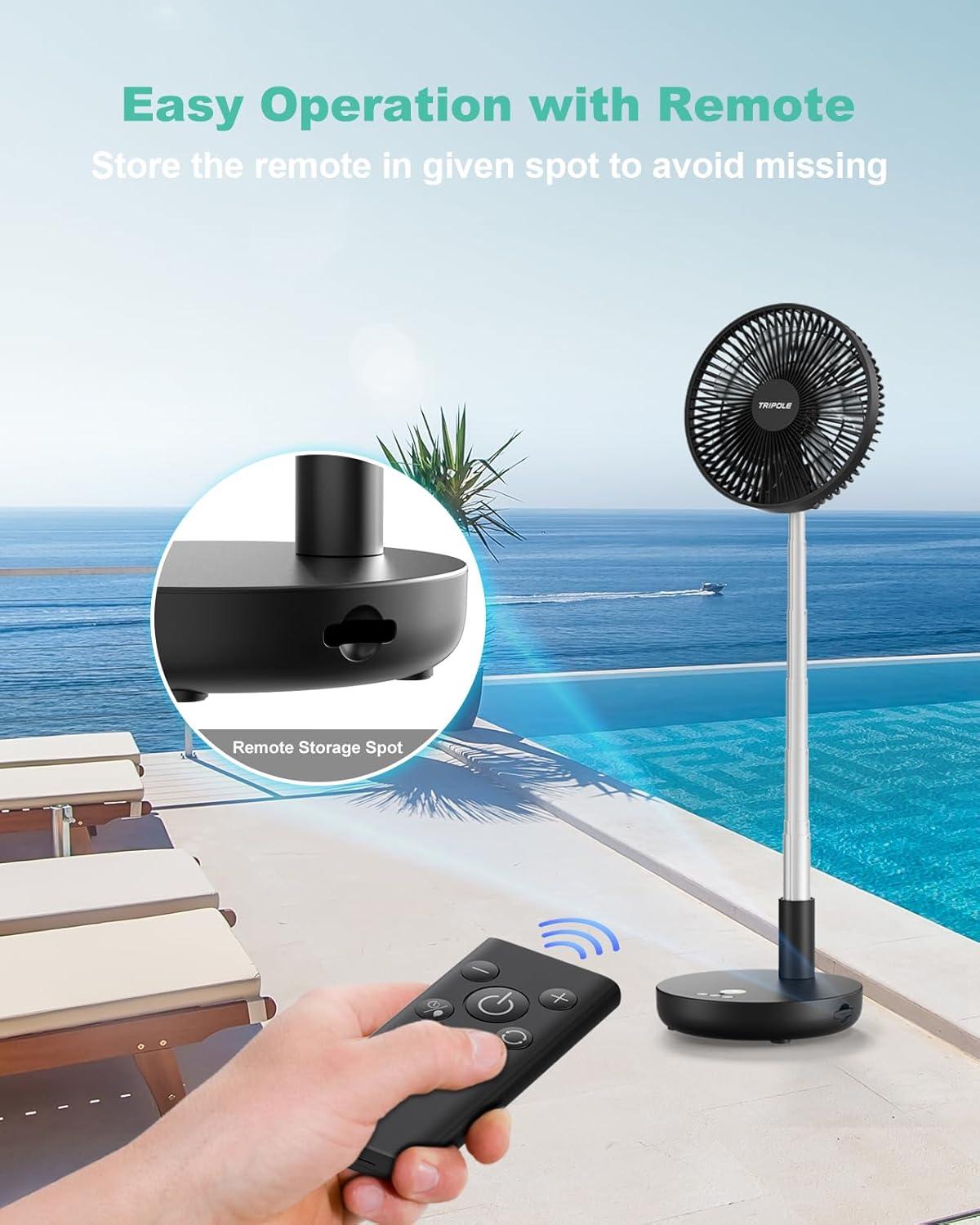 imageTriPole Portable Standing Fan Oscillating Fan with Remote 9 Inch Foldable Quiet Travel Fans with Power Bank Function 12000mAh Rechargeable Battery Operated Fans for Bedroom Outdoor Camping Black
