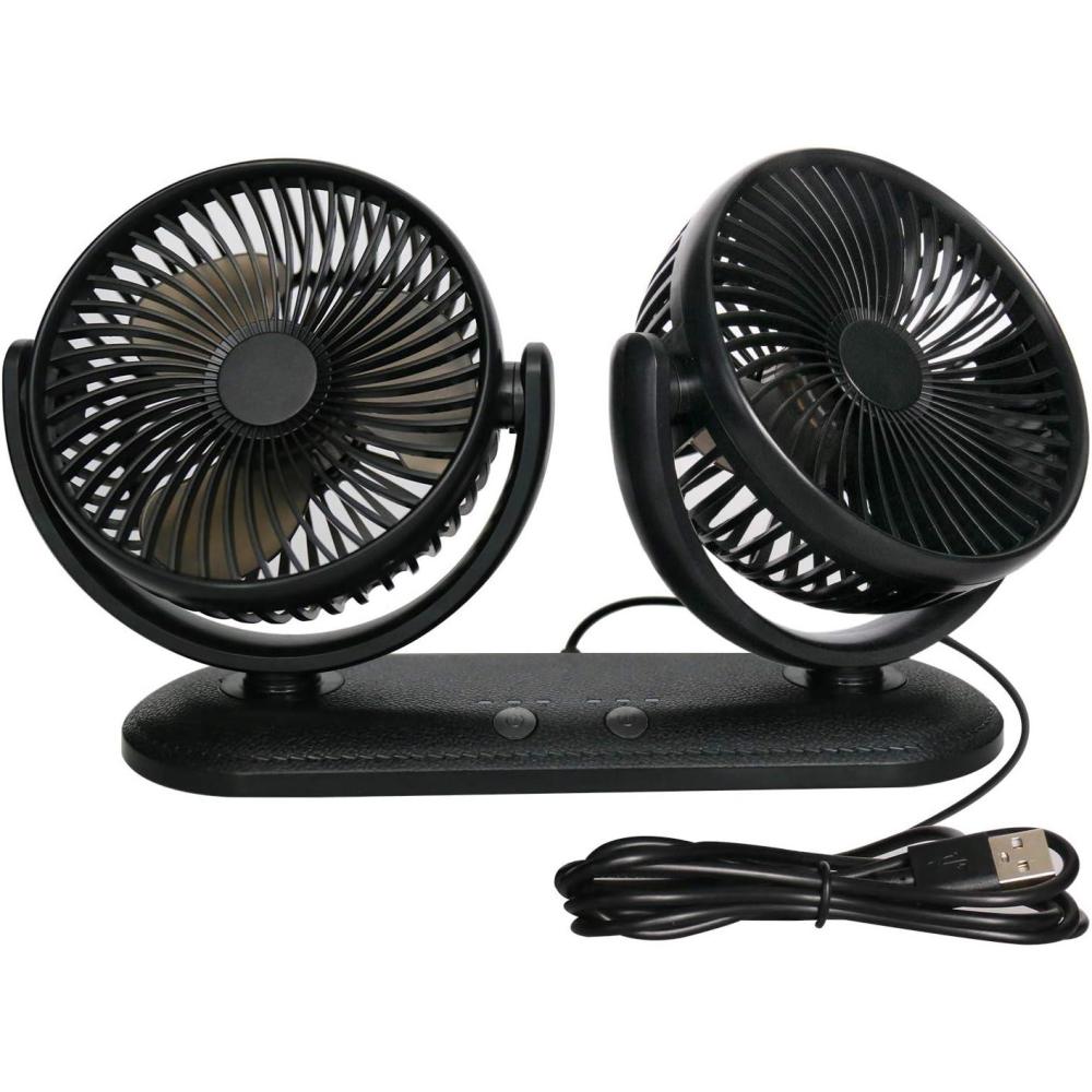 imageTriPole Car Fan Portable Dual Head Electric Vehicle Mounted USB 300 Degree Rotation Auto Cooling Fan 3 Speed Strong Wind Desk Fan for Dashboard SUV RV Truck Sedan Home Office