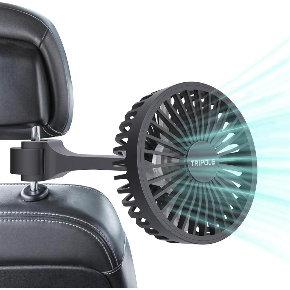 imageTriPole Car Fan for Rear Seat USB Powered Powerful 3 Speed 5V Fan with Adjustable Clip for Vehicles SUV RV