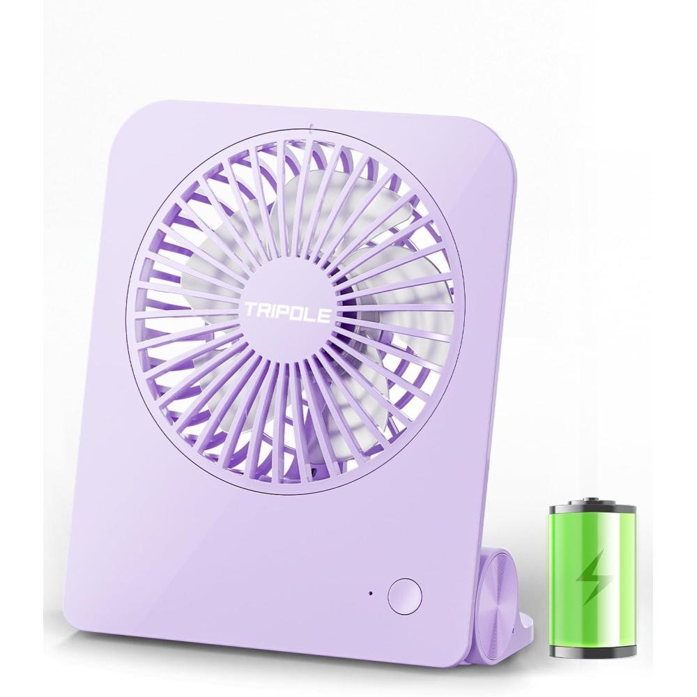 imageTriPole Desk Fan Small Portable Fan 2000 mAh Rechargeable Battery Ultra Quiet 45 Inch Mini Travel Fan with 180 Tilt Folding and 3 Speeds Adjustable for Home Office Desktop WhitePurple