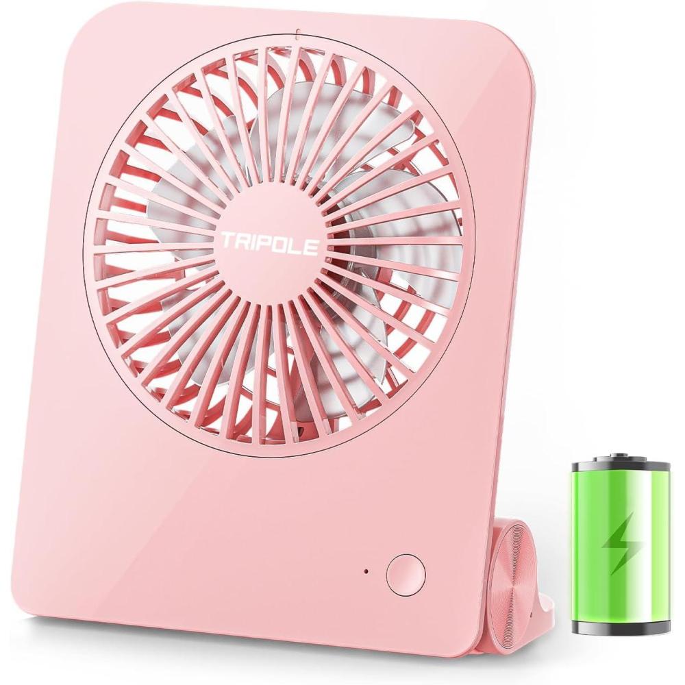 imageTriPole Desk Fan Small Portable Fan 2000 mAh Rechargeable Battery Ultra Quiet 45 Inch Mini Travel Fan with 180 Tilt Folding and 3 Speeds Adjustable for Home Office Desktop WhitePink