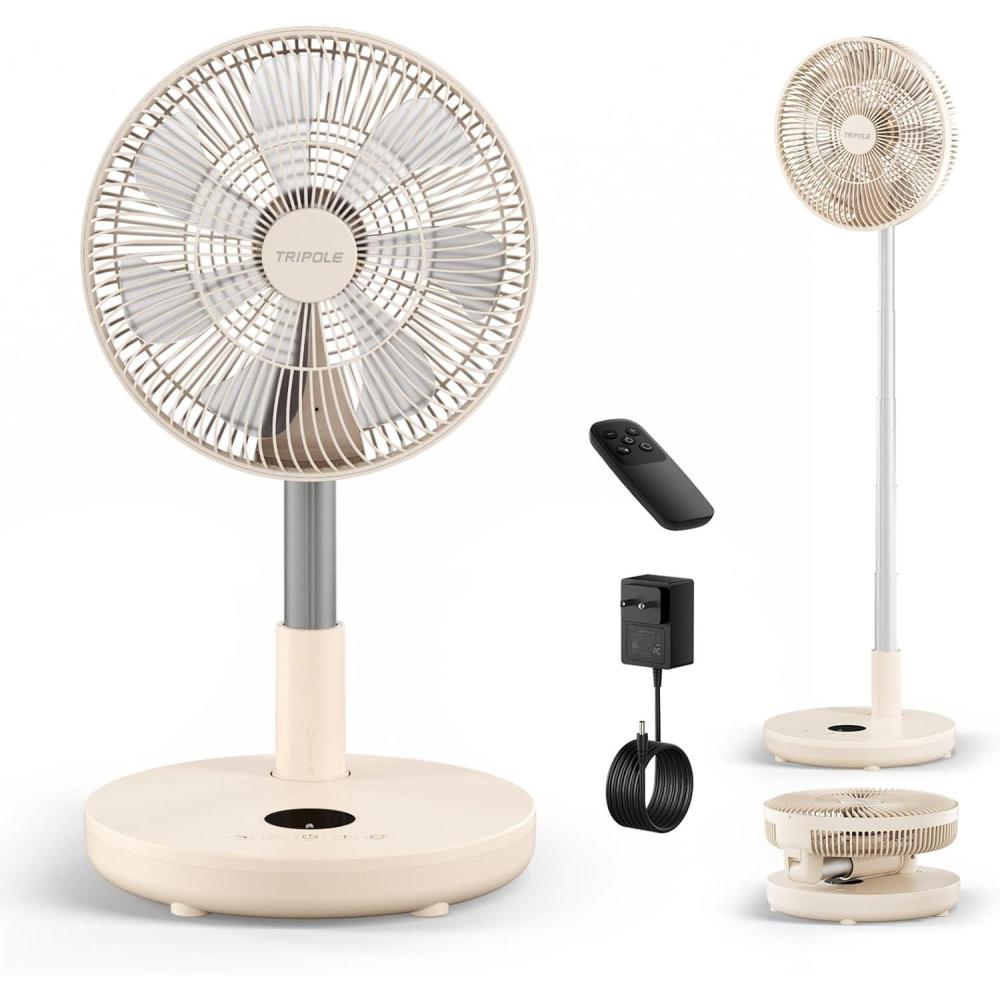 imageTriPole Foldable Standing Fan 12quot Portable Rechargeable Battery Pedestal Fan with Remote Timer Setting Height Adjustable for Home Office 6 Speed 12000mAh BlackBeige