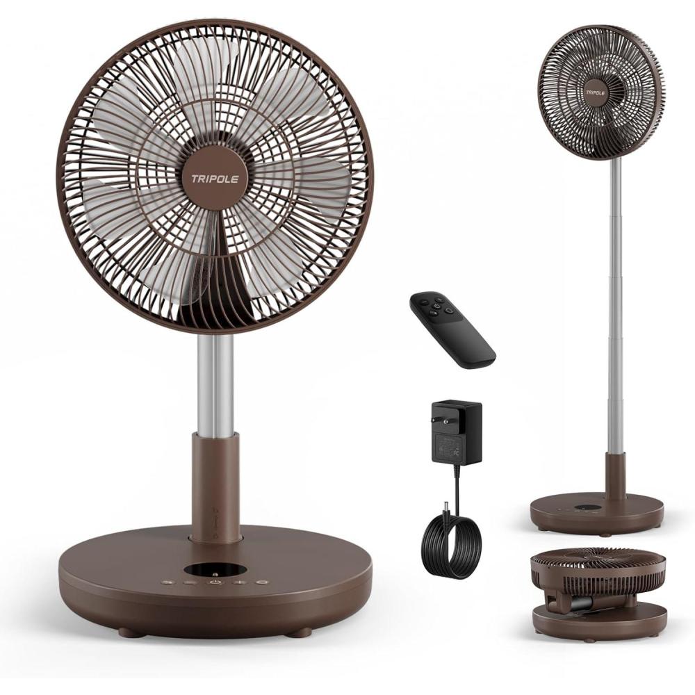 imageTriPole Foldable Standing Fan 12quot Portable Rechargeable Battery Pedestal Fan with Remote Timer Setting Height Adjustable for Home Office 6 Speed 12000mAh BlackCoffee