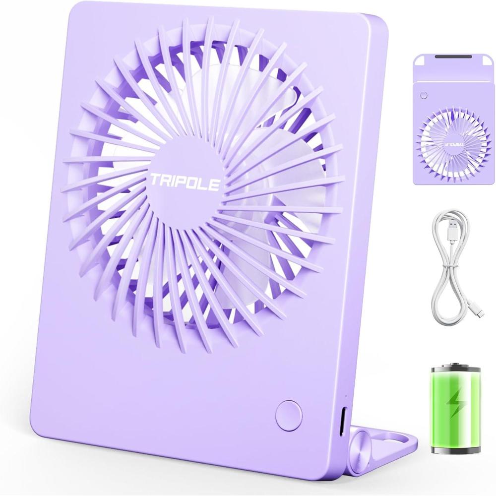 imageTriPole Mini Portable Desk Fan Rechargeable Ultra Quiet Small Fan 45 Inch Personal Travel Fan with 180 Tilt Folding and 3 Speeds Adjustable for Office Desktop Bedroom BlackPurple