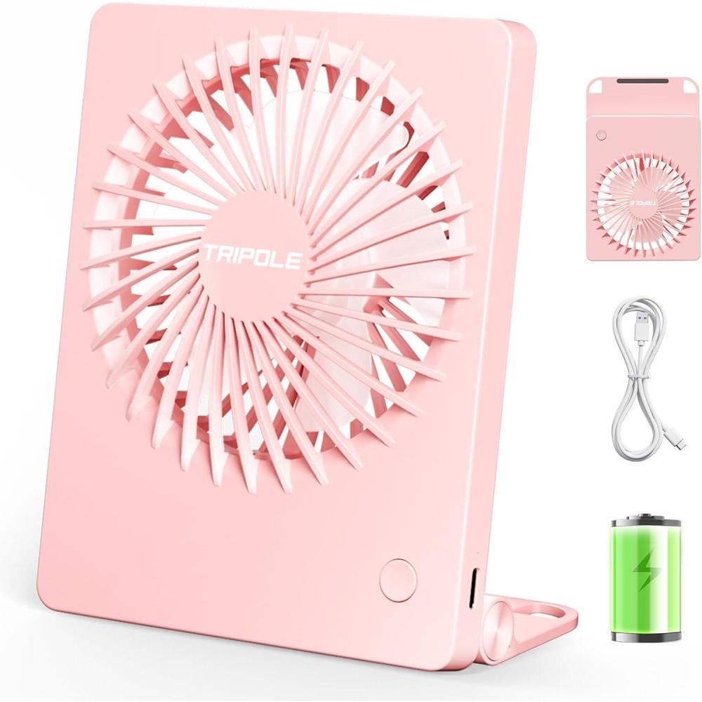 imageTriPole Mini Portable Desk Fan Rechargeable Ultra Quiet Small Fan 45 Inch Personal Travel Fan with 180 Tilt Folding and 3 Speeds Adjustable for Office Desktop Bedroom BlackPink