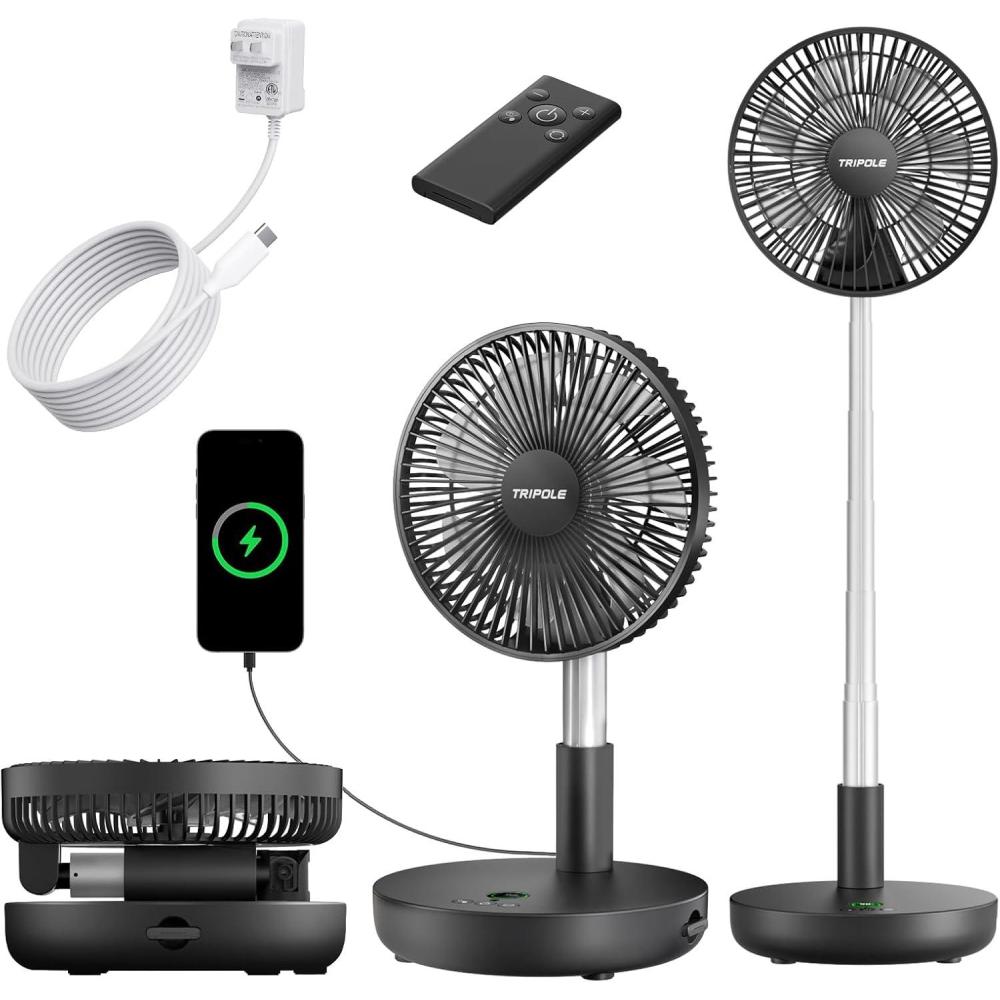 imageTriPole Portable Standing Fan Oscillating Fan with Remote 9 Inch Foldable Quiet Travel Fans with Power Bank Function 12000mAh Rechargeable Battery Operated Fans for Bedroom Outdoor Camping Black