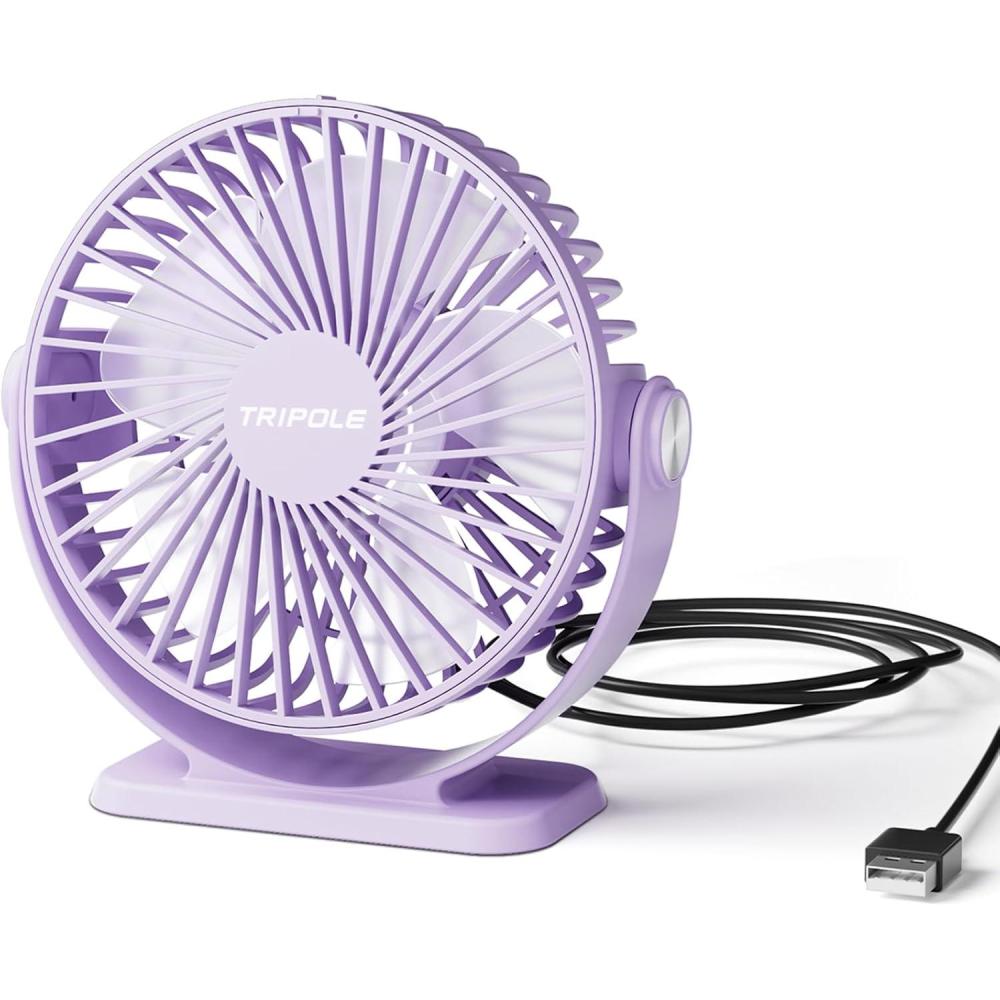 imageTriPole Small Desk Fan USB Powered Portable Fan 3 Speeds Strong Airflow Mini Fan 360Rotation Personal Table Fans for Home Office Bedroom Desktop 51 Inch Black 49ft CablePurple
