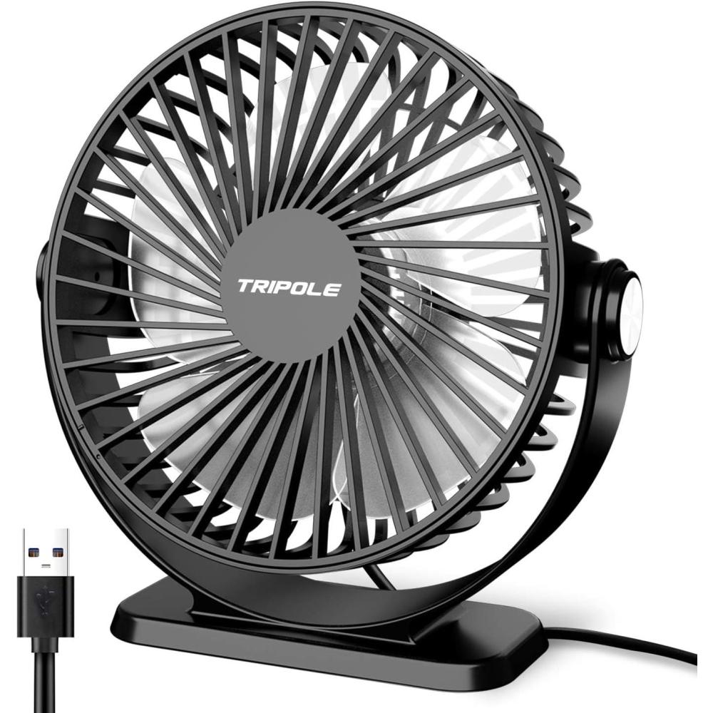imageTriPole Small Desk Fan USB Powered Portable Fan 3 Speeds Strong Airflow Mini Fan 360Rotation Personal Table Fans for Home Office Bedroom Desktop 51 Inch Black 49ft CableBlack