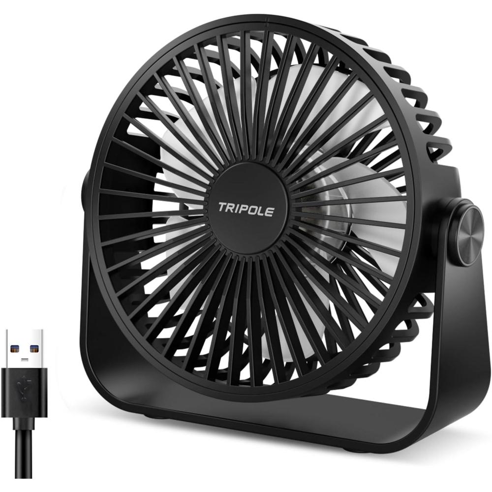 imageTriPole USB Desk Fan Portable Mini Fan Powerful 3 Speeds Wind Personal Desktop Fan with 360 Head Rotation for Home Office Car Indoor Outdoor Black No Battery 45 InchesBlack