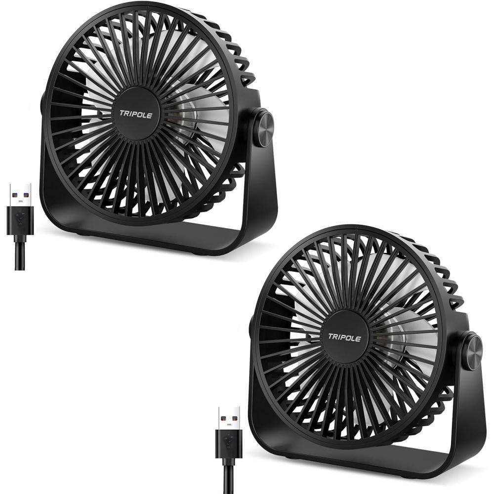 imageTriPole USB Desk Fan Portable Mini Fan Powerful 3 Speeds Wind Personal Desktop Fan with 360 Head Rotation for Home Office Car Indoor Outdoor Black No Battery 45 Inches2 Pack Black