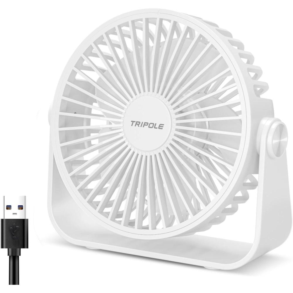 imageTriPole USB Desk Fan Portable Mini Fan Powerful 3 Speeds Wind Personal Desktop Fan with 360 Head Rotation for Home Office Car Indoor Outdoor Black No Battery 45 InchesWhite