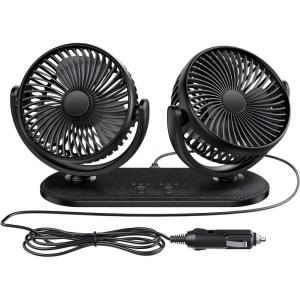 TriPole Car Fan 12V / 24V Portable Auto Cooling Fan Dual Head Rotatable Vehicle Fans 3 Speeds Strong Wind Electric Air Circulation Fans for Car Dashboard Truck SUV Sedan RV Van Boat Golf Cart