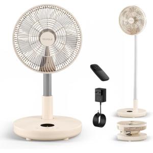 TriPole Foldable Standing Fan 12″ Portable Rechargeable Battery Pedestal Fan with Remote, Timer Setting, Height Adjustable, for Home Office, 6 Speed, 12000mAh (Black)(Beige)