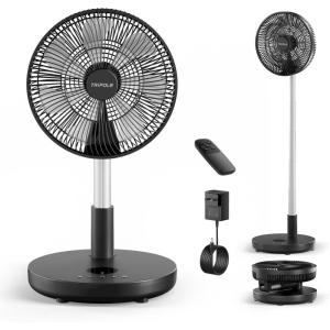 TriPole Foldable Standing Fan 12″ Portable Rechargeable Battery Pedestal Fan with Remote, Timer Setting, Height Adjustable, for Home Office, 6 Speed, 12000mAh (Black)(Black)
