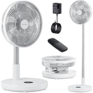 TriPole Oscillating Fan Portable Quiet Standing Fan with Remote, 12″ Rechargeable Pedestal Fans for Bedroom Office, Foldable Battery Powered Travel Fans, Adjustable Height, 8H Timer, 6 Speeds, 44.4Wh(Pure White)