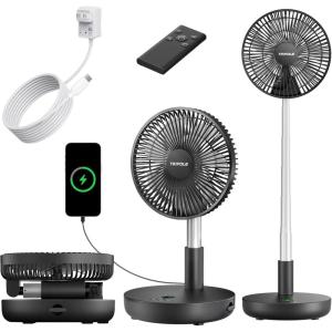 TriPole Portable Standing Fan Oscillating Fan with Remote, 9 Inch Foldable Quiet Travel Fans with Power Bank Function, 12000mAh Rechargeable Battery Operated Fans for Bedroom Outdoor Camping, Black