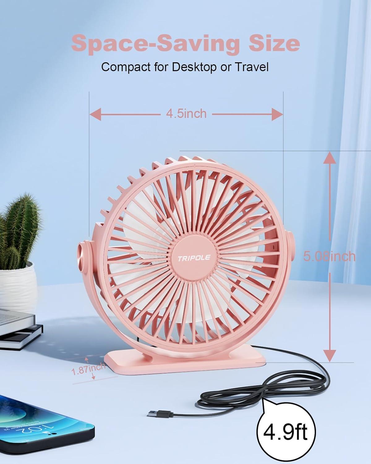 imageTriPole Desk Fan USB Powered Small Portable Fan 3 Speeds Adjustable Strong Breeze Mini Personal Fans 360 Rotation Quiet Plug In USB Fans for Desktop Bedroom Office Table Travel Black 49ft CablePink