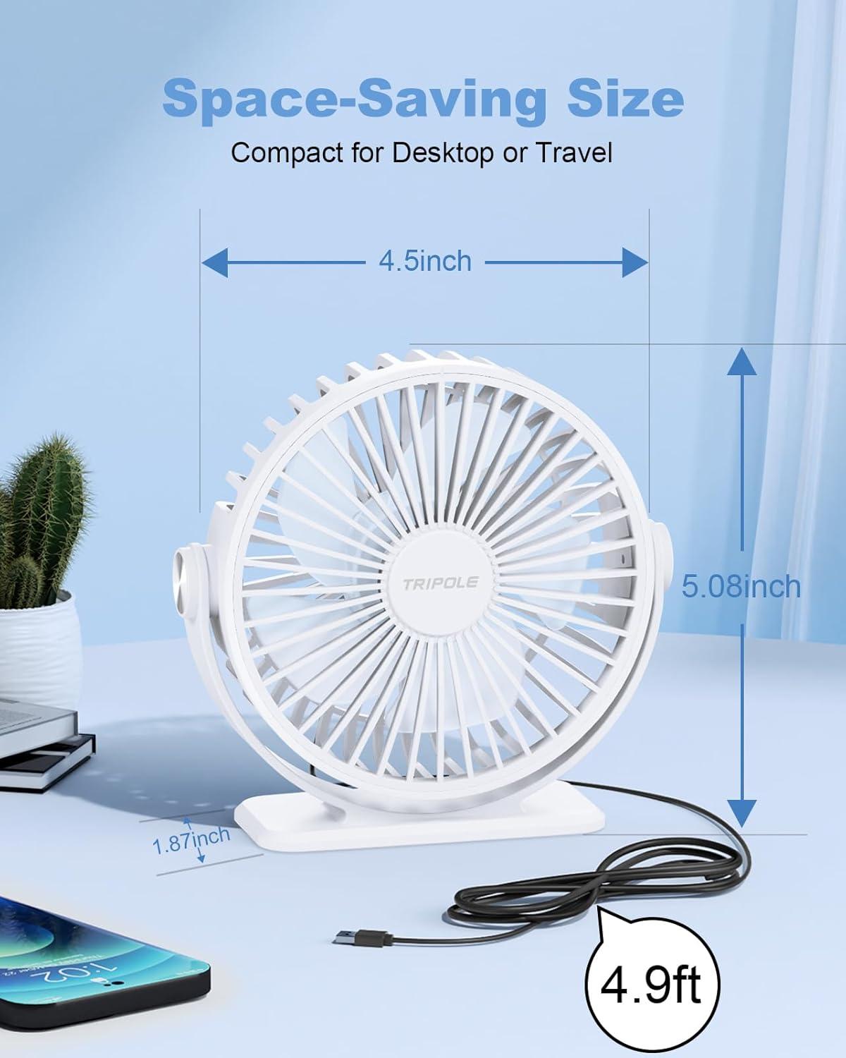 imageTriPole Desk Fan USB Powered Small Portable Fan 3 Speeds Adjustable Strong Breeze Mini Personal Fans 360 Rotation Quiet Plug In USB Fans for Desktop Bedroom Office Table Travel Black 49ft CableWhite