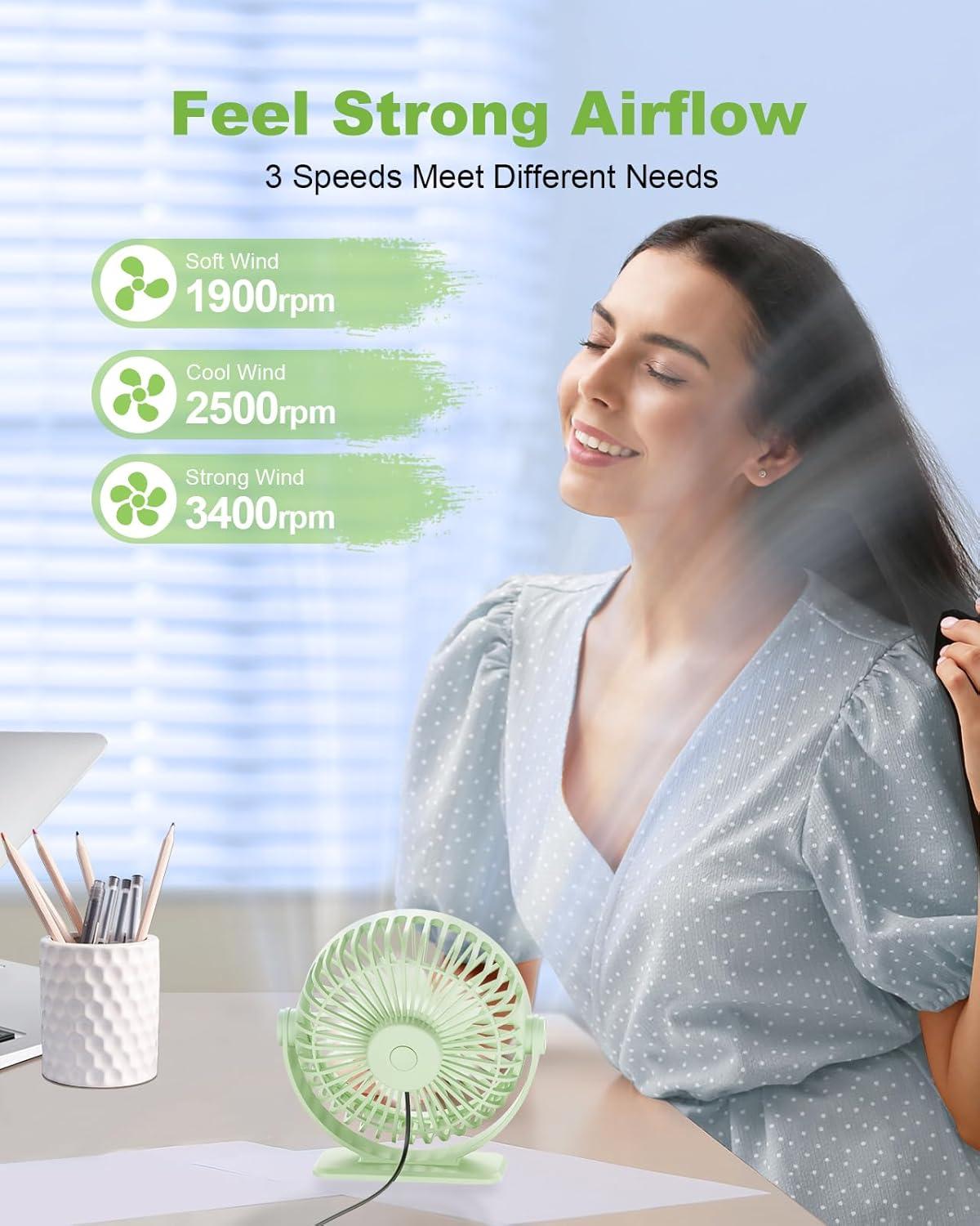 imageTriPole Desk Fan USB Powered Small Portable Fan 3 Speeds Adjustable Strong Breeze Mini Personal Fans 360 Rotation Quiet Plug In USB Fans for Desktop Bedroom Office Table Travel Black 49ft CableGreen