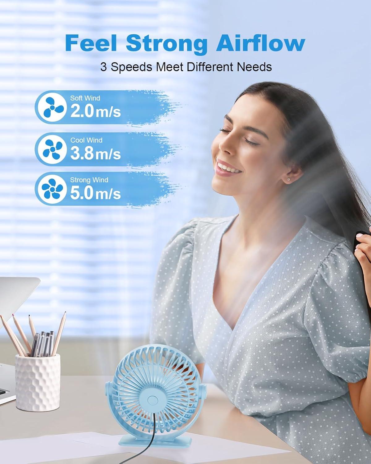 imageTriPole Desk Fan USB Powered Small Portable Fan 3 Speeds Adjustable Strong Breeze Mini Personal Fans 360 Rotation Quiet Plug In USB Fans for Desktop Bedroom Office Table Travel Black 49ft CableBlue