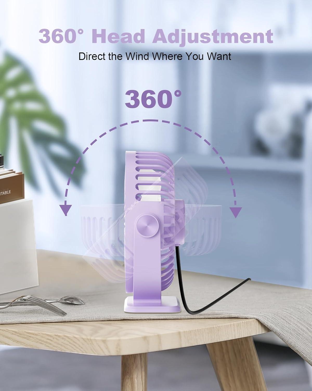 imageTriPole Desk Fan USB Powered Small Portable Fan 3 Speeds Adjustable Strong Breeze Mini Personal Fans 360 Rotation Quiet Plug In USB Fans for Desktop Bedroom Office Table Travel Black 49ft CablePurple